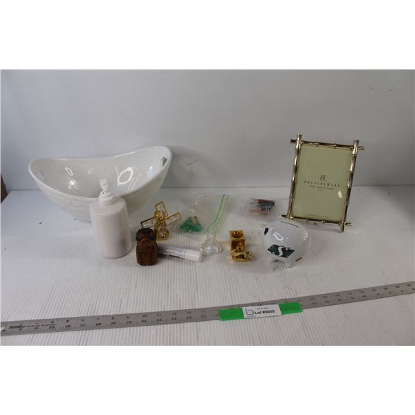 Roughriders Piggy Bank, Silver Bamboo Picture Frame - 5" x 7", Porcelain Basket, Assorted Items