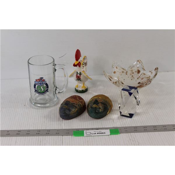 Portugal Glass Decoration, Glass Flower Tray, Roughriders Mug, (2) Mask Decorations, Chicken Decorat