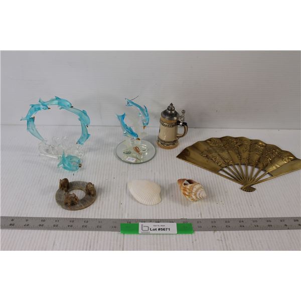 Brass Hand Fan, (2) Glass Dolphin Decorations, Elephant Decoration, Cream Pourer, (2) Seashells