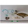 Image 1 : Brass Hand Fan, (2) Glass Dolphin Decorations, Elephant Decoration, Cream Pourer, (2) Seashells