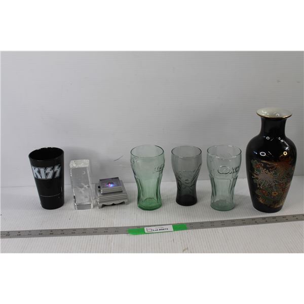 Vase, (3) Coca Cola Glasses, Light Decoration, Glass Bird And Dog Decoration, Kiss Cup
