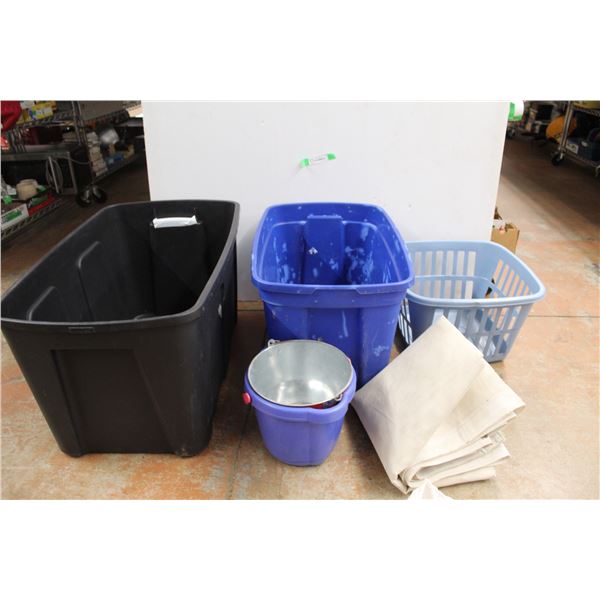 * (2) Totes, Laundry Hamper, Curtain, (2) Buckets
