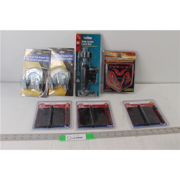 (2) 5 Piece Tool Hanger Set, Slide Action latch bolt, Dodge Hitch Cover, (30 Hinge Residential 1/4" 