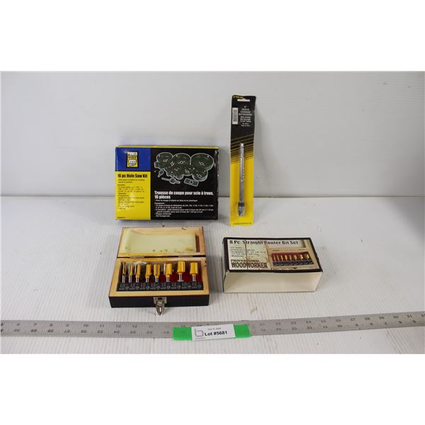 6" Quick Change Extension, 16 Piece Hole Saw Kit, 8 Piece Straight Router Bit Saw