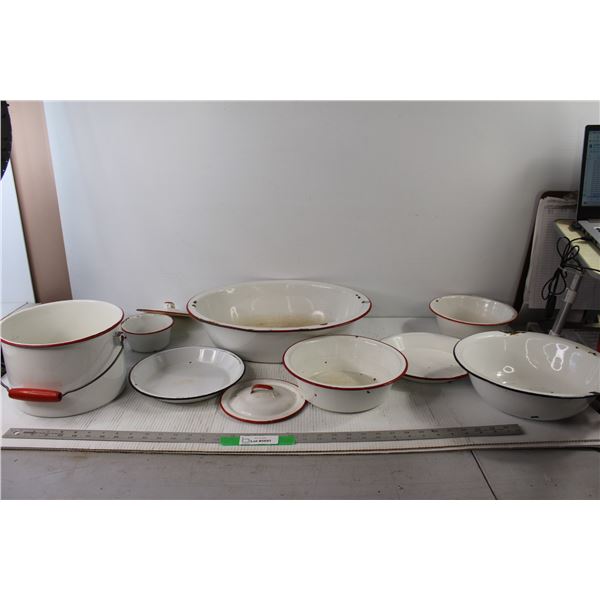 (8) Enamel Pots Plates and Bowls