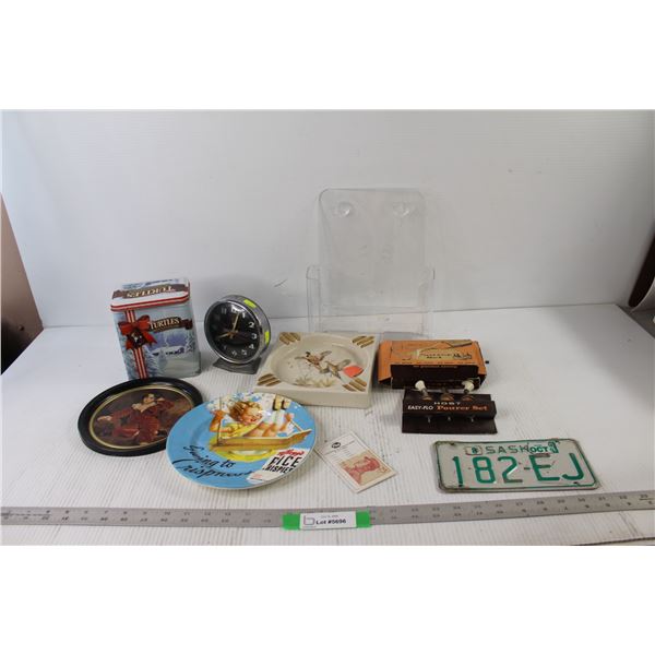 Host Easy Flo Pourer Set, (2) Decorative Plates, Tray, Paper Holder, Clock, Turtles Tin, Small Licen