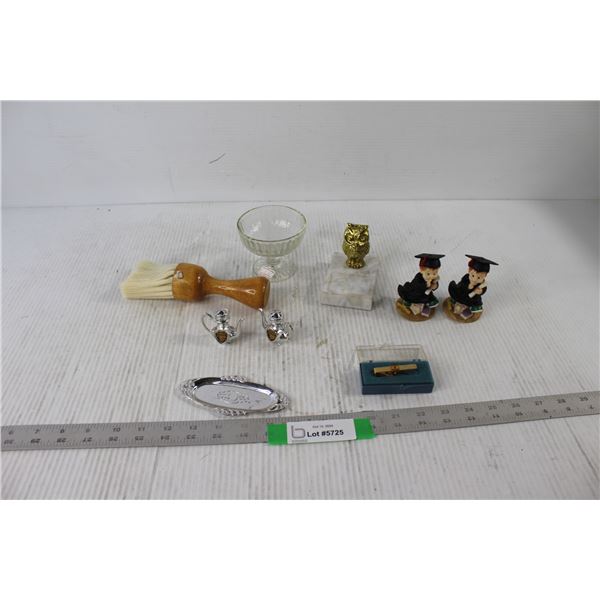 (2) Little Boy Graduation Figurines, Owl Decoration, Candy Dish, Clip, Salt and Pepper Shakers