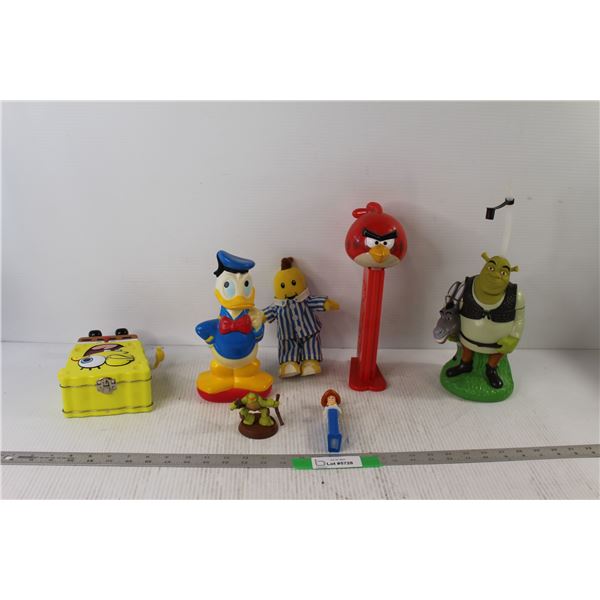 Shrek Cup, Big Pez, Pez Dispenser, SpongeBob Lunchbox, Donald Duck Figurine