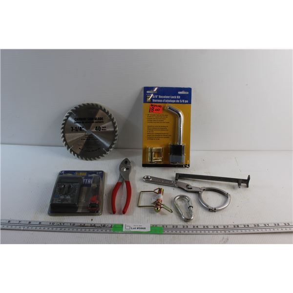Digital Multimeter, 5/8'' Receiver Lock Kit, Carbide Saw Blade, Pliers and Assorted Items