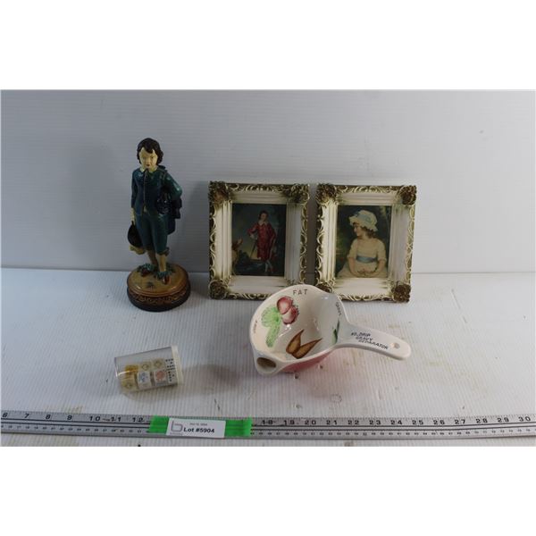 Gravy Separator, French Renaissance Blue Boy Statue, (2) Framed Renaissance Prints and Vintage Dice