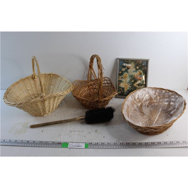 (3) Pleated Baskets, BBQ Brush and Framed Modern Art Print 9'' x 7'' - Cracked Glass