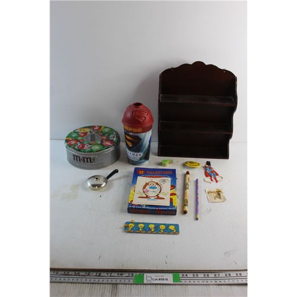 Slurpee Superman Cup, M&M Tin, Miniature Frying Pan Toy and Assorted Items