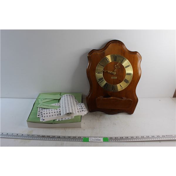 Bingo Cards and Wooden Westclox Quartzmatic Wall Clock - As Is
