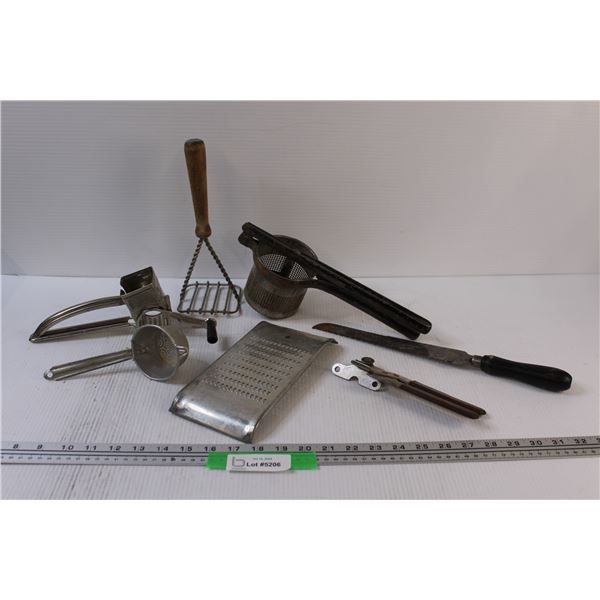 (7) Vintage Kitchen Utensils: Grater, Potato Masher, Bread Knife, Can Opener