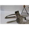 Image 2 : (7) Vintage Kitchen Utensils: Grater, Potato Masher, Bread Knife, Can Opener