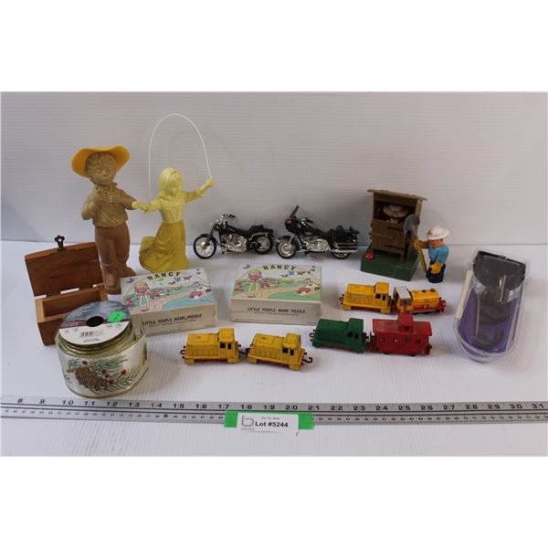 Lot: Matchbox Die Sat Metal Trains - Assorted, Avon Figurines, (2) Motorcycle Model Toys, Magnet Set
