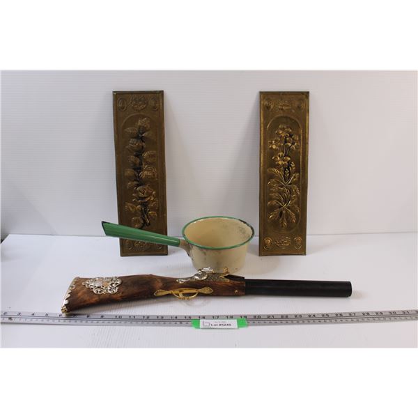 Enamel Pot & (2) Pressed Metal Wall Art & Toy Replica Pirate Muzzle Loader Rifle