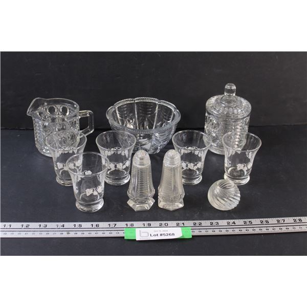 (10) Clear Glass Lot: Cream & Sugar Dishes, Candy Dish, Glasses, Salt & Pepper Shakers, Candleholder