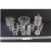 (10) Clear Glass Lot: Cream & Sugar Dishes, Candy Dish, Glasses, Salt & Pepper Shakers, Candleholder