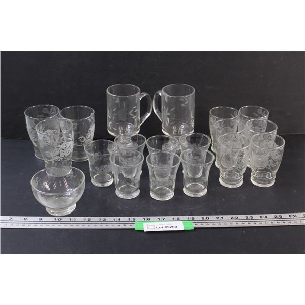 (19) Clear Glass Etched Glasses (Assorted)