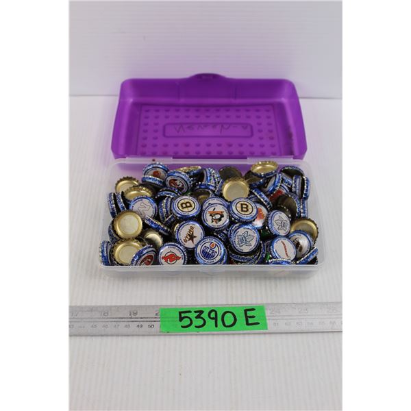 Pencil Case Full Of NHL Stanley Cup Champion Bottle Caps, Montreal Canadians, Boston Bruins, New Jer