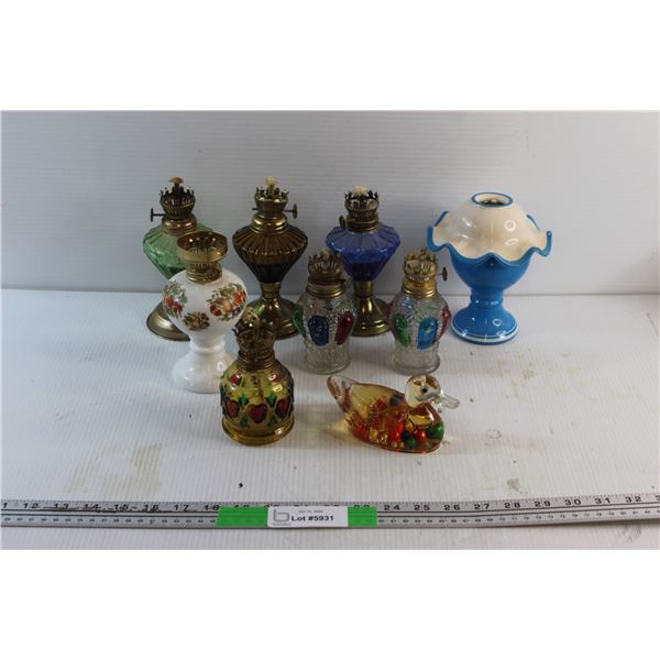 (8) Miniature Kerosene Lamps and Glass Duck Decoration