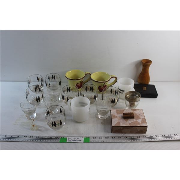 Glass Cups, Mugs, Vase, Kem Plastic Playing Cards and Small Storage Box