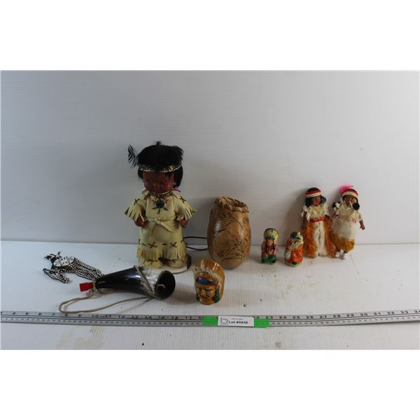 Indigenous Doll, Salt & Pepper Shakers, Horn and Assorted Items