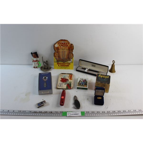 Canucks Money Clip, Silver Spoon, Playing Cards, Brass Bell, Multi Tool and Assorted Items