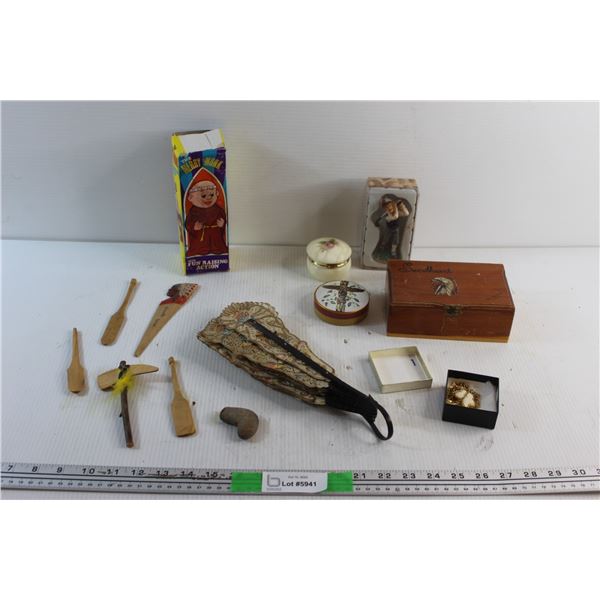 Japanese Hand Fan. Indigenous Ornaments, Golfer Figurine, Jewelry Storage Boxes. Necklace & Earrings