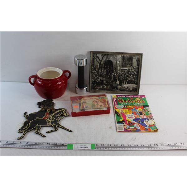 Bean Pot, 5 lbs Dumbbell, Sabrina Comics, RCMP Decoration and Assorted Items