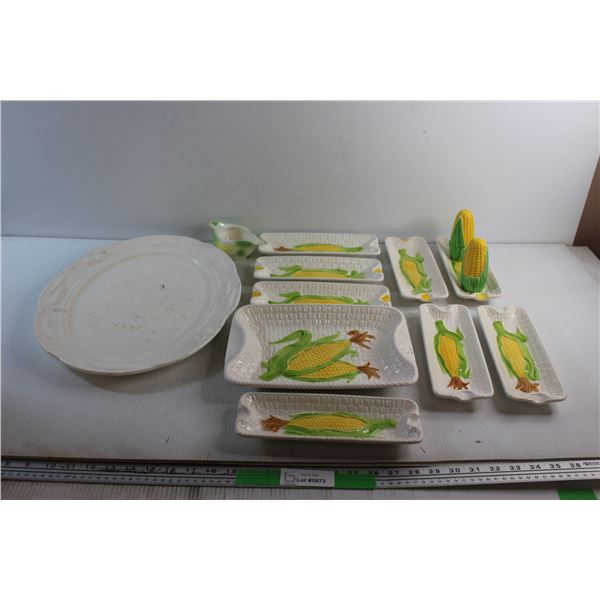 Ceramic Corn Themed Serving Trays, Salt & Pepper Shakers and Butter Dish