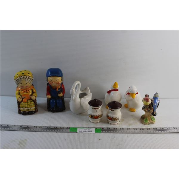 Salt & Pepper Shakers, Swan Planter, Piggy Banks and Assorted Decorations