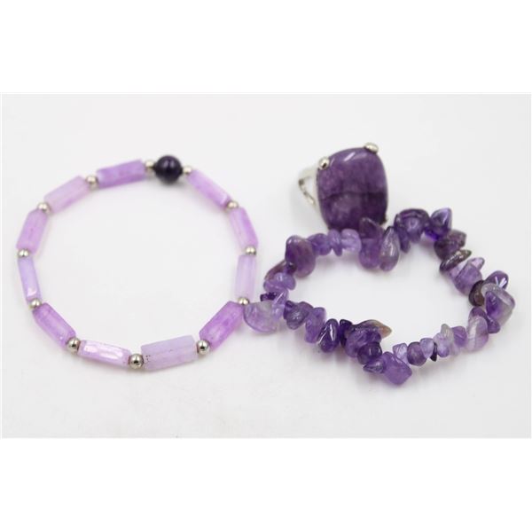 AMETHYST JEWELLERY (2 BRACELETS 1 RING)