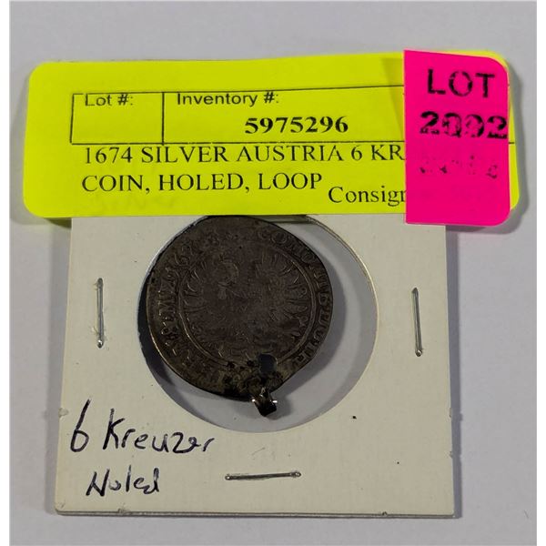 1674 SILVER AUSTRIA 6 KREUZER COIN, HOLED, LOOP