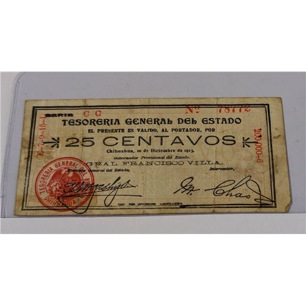 1913 MEXICO TESORERIA GENERAL DEL ESTADO 25C NOTE