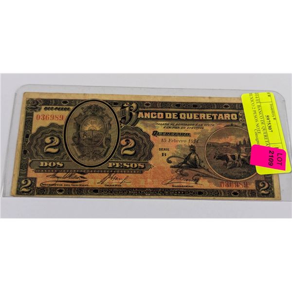 1914 EL BANCO DE QUERETARO MEXICO 2 PESOS NOTE