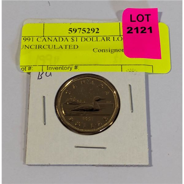 1991 CANADA $1 DOLLAR LOONIE, UNCIRCULATED