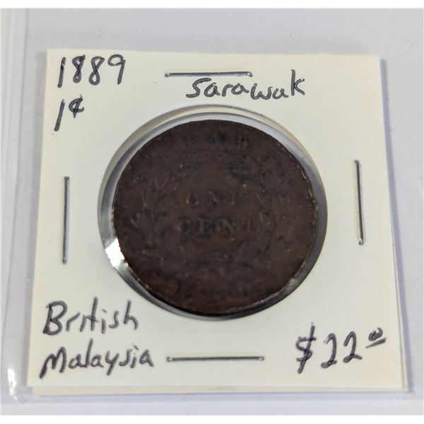 1889 BRITISH MALAYSIA SARAWAK 1 CENT COIN