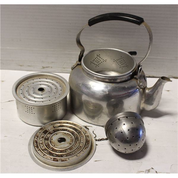 VINTAGE METAL TEA POT WITH ACCESSORIES