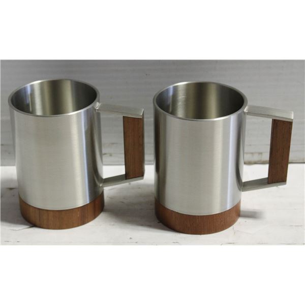 SET OF 2 PEWTER MUGS WITH WALNUT HANDLES - NEW