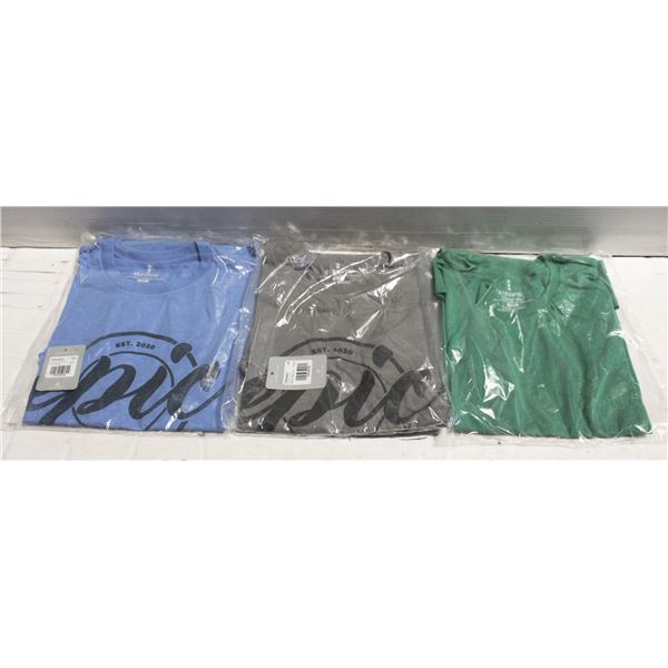 3 NEW UNISEX T-SHIRTS - BLUE, GREEN & GREY -