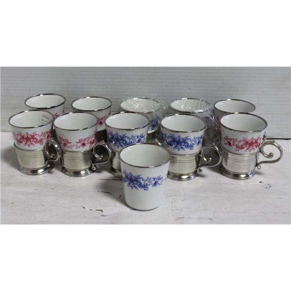 PINK AND BLUE PORCELAIN TEA CUPS WITH PEWTER