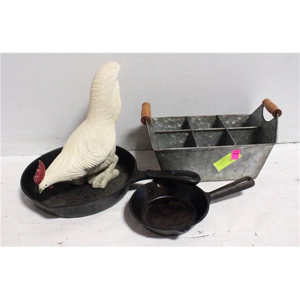 ESTATE CAST IRON & WOOD ROOSTER, METAL CADDY
