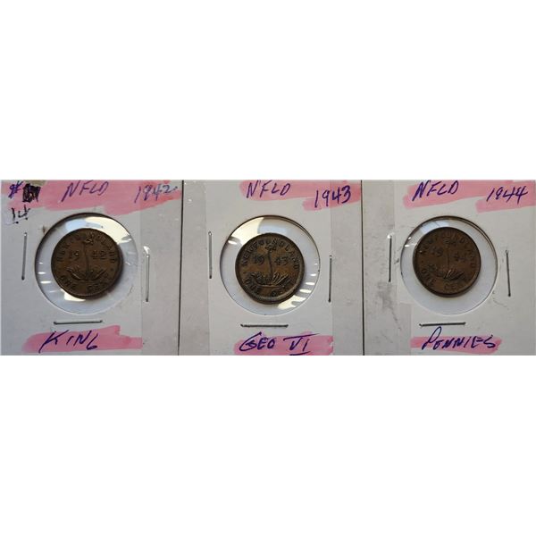 28)  LOT OF 3 NEWFOUNDLAND PENNIES, 1942, 1943 & 1