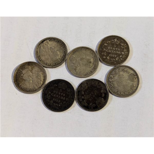 x7 VARIOUS OLD SILVER CANADA 5 CENTS COINS