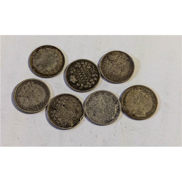 x7 VARIOUS OLD SILVER CANADA 5 CENTS COINS