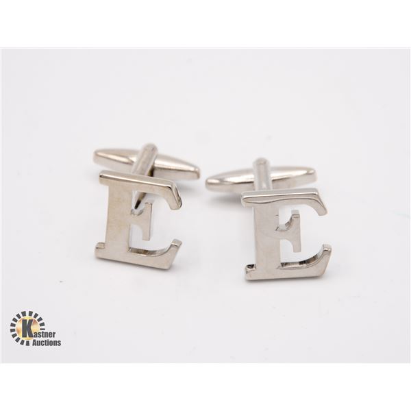 NEW "E" CUFF LINKS IN GREEN CLOTH POUCH