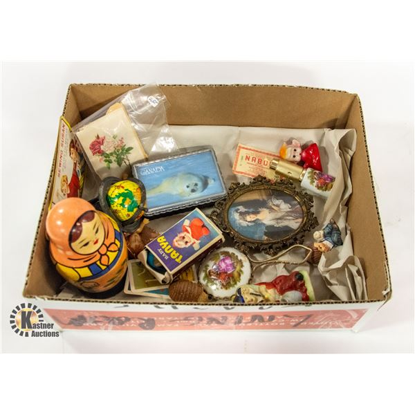 BOX WITH VINTAGE AND ANTIQUE ITEMS