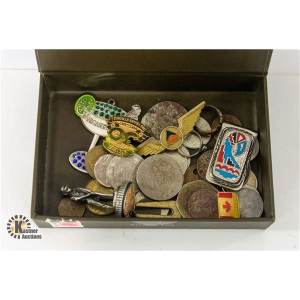 CIGAR BOX FULL OF PINS,COINS,SILVER $ CLIP &